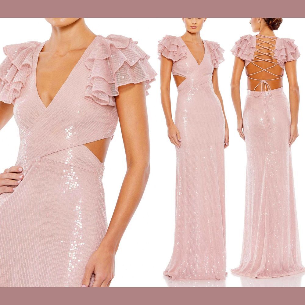 NWT $598 Mac Duggal [ SZ 2 ‎ ] Sequined Cut Out Lace Back Gown Rose Pink #G1808